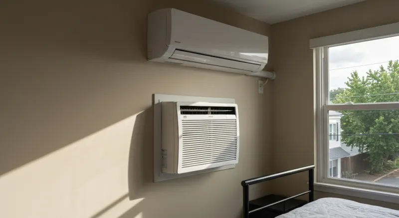 Aire acondicionado portátil en dormitorio pequeño en Cabrils